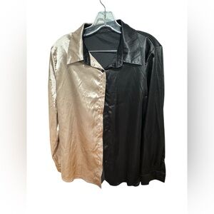 Trendy Two-Tone Satin Button-Down Shirt - Black & Champagne Gold - Size L